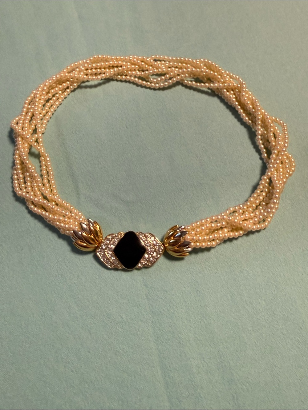 Vintage Multi-Strand Faux Pearl Necklace with Black Enamel front clasp Necklace - Picture 4 of 15